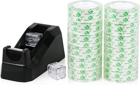 BOMEI PACK Tape Dispensers Desk, 1 Pack Black with 12Rolls Transparent Tape, 1 Inch Core, for Gift Wrapping, School, Office and Home...