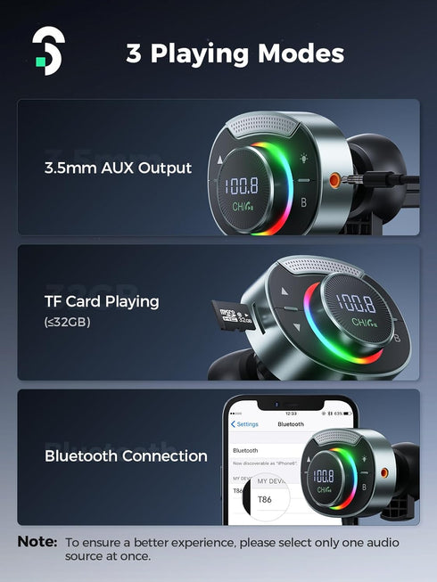 Bluetooth FM Transmitter Car - SOOMFON Bluetooth 5.3 Car Adapter with Big Mic Bass Stereo Hi-Fi Sound, PD30W QC18W FM Bluetooth Transmitter Car Ch...