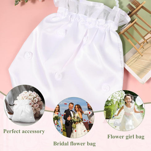 Satin Bridal Wedding Money Bag White Bridal Bridesmaid Satin Flower Decorated Bag Handbag with Pearl for Dance Bridal Purse Wedding Favor...