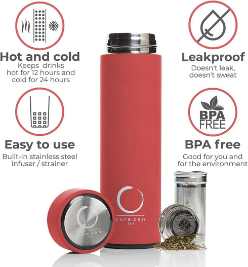 Pure Zen Tea Thermos with Infuser for Hot and Cold Infusions - Stainless Steel - Tea Infuser Bottle - Leakproof Travel Mug with Filter - 15oz - Re...