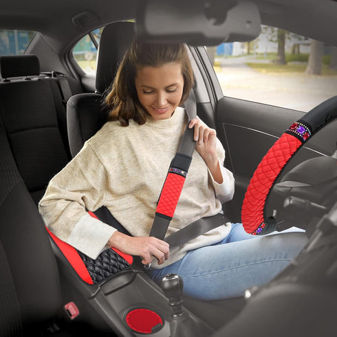 Bling Car Accessories Set Leather Diamond Steering Wheel Cover Bling Seat Belt Shoulder Pad Armrest Pad Crystal Car Decor Bling Car Cup Holders Tr...