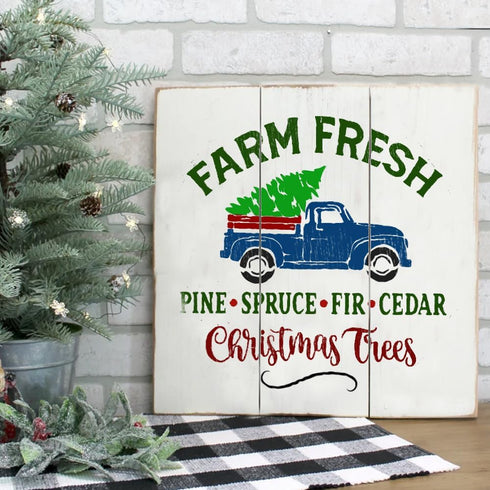 Large Farm Fresh Christmas Stencil, Round Paint Stencils for Crafts, Farmhouse Stencils for Painting on Wood - Tree Stencil Reusable, Pine Cedar T...