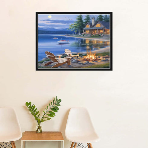 SKRYUIE 5D Lakeside Chair Diamond Art Painting Kit - DIY Diamond Art Landscape, Full Round Drill - Crystal Embroidery Cross Stitch - Adult Craft f...