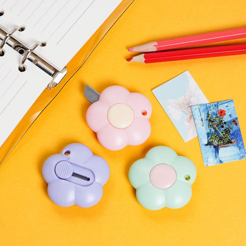 3 Pcs Mini Retractable Utility Knife Flower Pocket Box Cutters Plastic Letter Opener Slide Open with Keychain Hole for Box Letter Envelope, Flower...