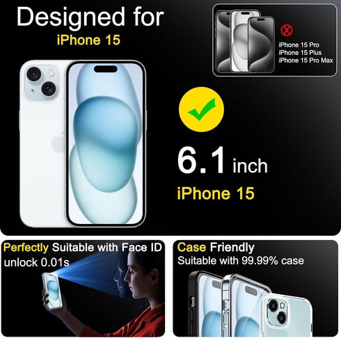 Ferilinso 4 Pack Screen Protector for iPhone 15 with 4 Pack Tempered Glass Camera Lens Protector Phone Case Friendly HD Accessories Protector de P...