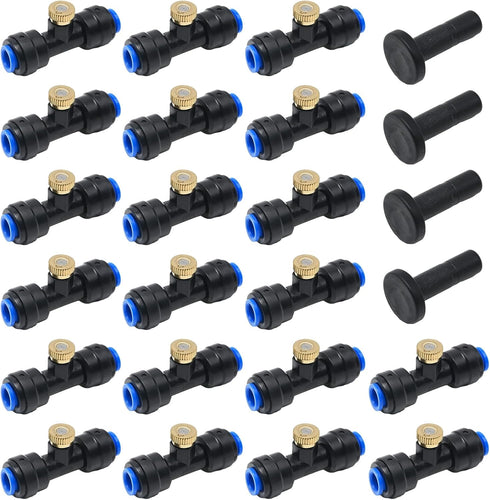 20 Pieces Brass Misting Nozzles 1/4 Inch Slip Lock Mister Nozzles Thread Misting Nozzle Tees with 20 Nozzles + 20 Seats + 4 Plugs for Outdoor Cool...