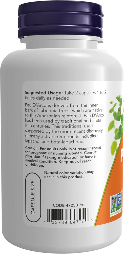 NOW Supplements, Pau D'Arco (Tabebuia heptaphylla) 500 mg, Herbal Support, 100 Veg Capsules...
