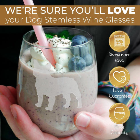Greenline Goods French Bulldog Stemless Wine Glasses (One Glass) - Frenchie Dog Lovers Gifts for Him and Her - Hand Etched 2-Sided Silhouette with...