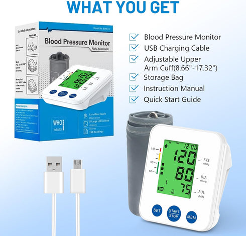 Blood Pressure Monitor Accurate Automatic Upper Arm High Blood Pressure Monitors Portable LCD Screen Powered by Battery with Adjustable Cuff and S...