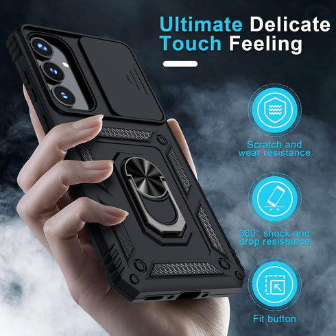 Janmitta for Samsung Galaxy A35 5G Case Built in Slide Camera Lens Cover+Screen Protector+Finger Ring Holder Kickstand,Heavy Duty Shockproof Full ...