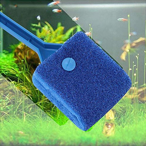 Double-Sided Fish Tank Aquarium Cleaning Sponge Brush with Non-Slip Handle Blue...