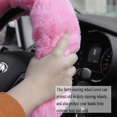 Cute Fluffy Steering Wheel Cover Set, Warm Soft Fur Fuzzy Covers for Women/Girls,Universal 15 Inch 1 Set 8 Pcs Car Accessories (Pink)...