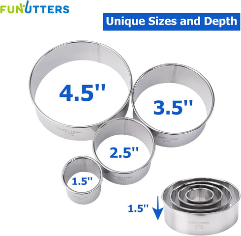 Cookie Cutter Set, 4 Pc. Kit, Measuring 1.5'', 2.5'', 3.5'', and 4.5'', Round Metal Baking Rings for Pastry, Biscuits, and Dough Cutting, Heavy Du...