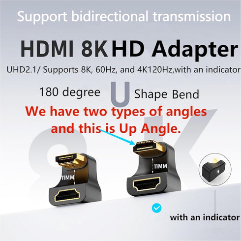 U Shape HDMI 2.1 Adapter Male to Female Standard HDMI Type A Adapter UHD 3D 8K@60Hz 180 Degree Up Angle for Laptop Projector TV PC...