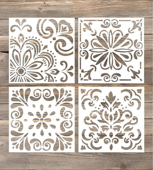 GSS Designs Pack of 4 Stencils Set (6x6 Inch) Laser Cut Painting Stencil Floor Wall Tile Fabric Wood Stencils -Reusable Template (SL-006)...