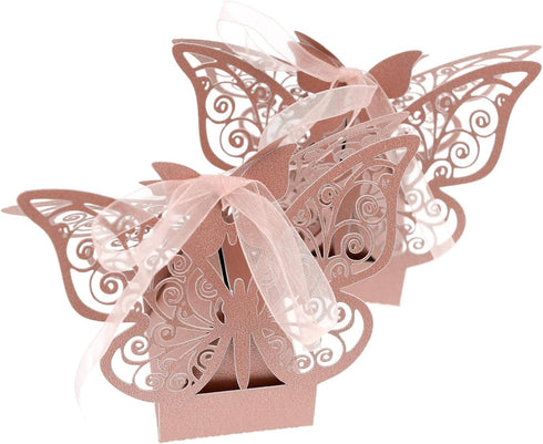 Auto-plaza 50 Pieces Butterfly Laser Cut Favor Boxes DIY Wedding Birthday Gift Candy Boxes with Ribbons (Pink)...