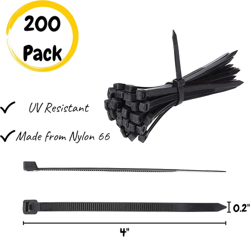 Bates 200 Pack 4 Inch Cable Zip Ties - Black, Electrical, Tie Wraps, Cord Ties...