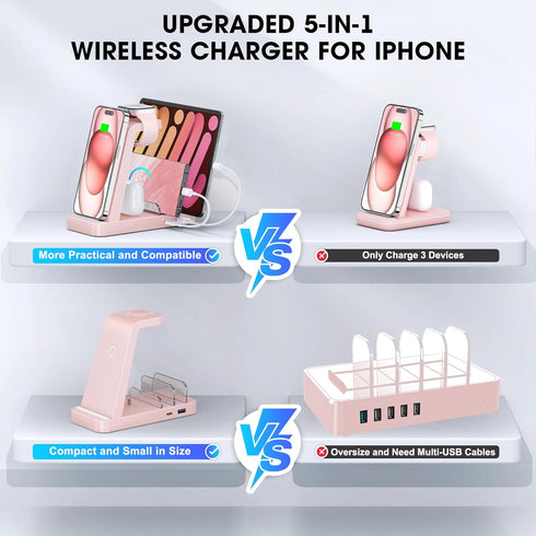 Wireless Charger for iPhone - 5 in 1 Charging Station for Multiple Devices Apple: Fast Wireless Charging Stand Dock for iPhone 15 14 13 12 Pro Max...