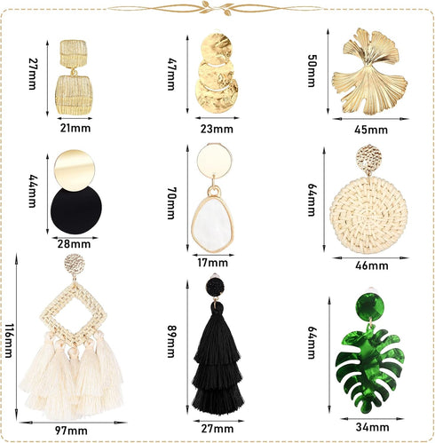 FINREZIO 9 Pairs Clip on Drop Earrings for Women Statement Rattan Resin Acrylic Drop Dangle Earrings Lightweight Geometric Rattan Tassel Hoop Drop...