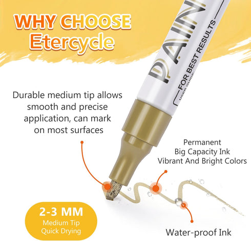 Etercycle Permanent Markers Paint Pens, Oil Based Quick Dry Paint Markers on Almost Anything, Gold Silver Paint Pen for Rock Painting, Metal, Fabr...