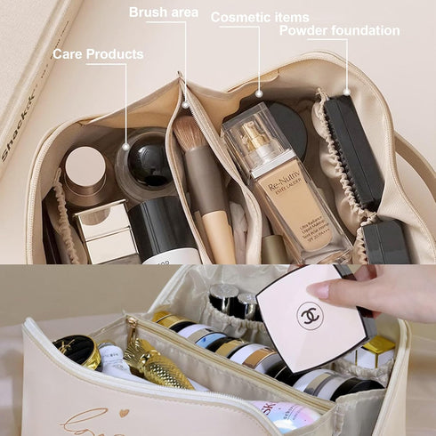 Travel Makeup Bag, Cute Love Cosmetic Bags for Women, Large Capacity Waterproof Portable Pouch Open Flat Toiletry Bag Make up Organizer with Divid...