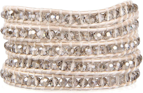 KELITCH New Gray Crystal Beaded 5 Wrap Bracelet On Leather Friendship Bracelets Jewelry for Womens...