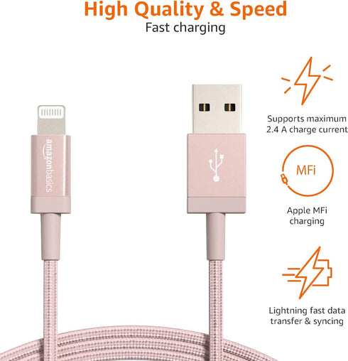 Amazon Basics 2-Pack USB-A to Lightning Charger Cable, Nylon Braided Cord, MFi Certified Charger for Apple iPhone 14 13 12 11 X Xs Pro, Pro Max, P...