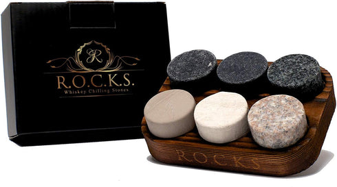 Whiskey Chilling Stones - Set of 6 Handcrafted Premium Granite Round Sipping Rocks - Hardwood Presentation & Storage Tray by R.O.C.K.S....