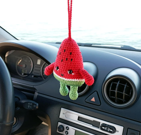 Watermelon Handmade Crochet Car Rear View Mirror Holder, Hanging Accessories Ornaments Car Pendant Charm Decor, for Watermelon Lovers. (Car Access...