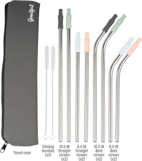 Goodful 8 Piece Variety Pack Reusable Travel Stainless Steel Straw Set, Travel Case, Cleaning Brushes, Removeable Silicone Tips, Multi Color...