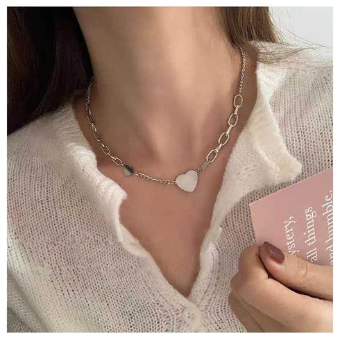 Punk Heart Choker Necklace Silver Paperclip Chain Necklace Minimalist Love Heart Necklace Chain Short Chunky Thick Chain Necklace Unbalanced Neckl...