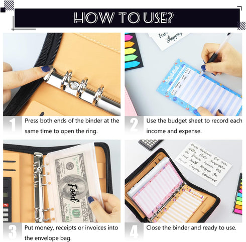 Budget Binder with Zipper Envelopes, Cash Envelopes for Budgeting, A6 PU Leather Budget Planner 2024 with Cash Envelopes Calculator, Bill Money Or...