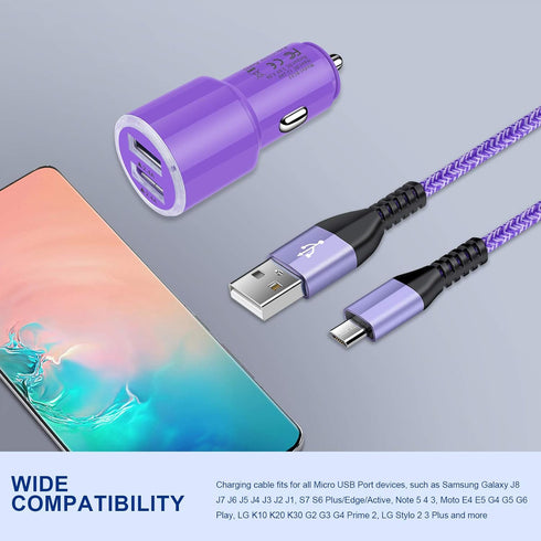 Dual 4.8A Fast Car Charger with Android Micro USB Cable for Samsung Galaxy S7 S6 J8 J7/J7V/Star/Crown/Prime/Refine J3, Note 5 4, Moto E4 E5 G4 G5 ...
