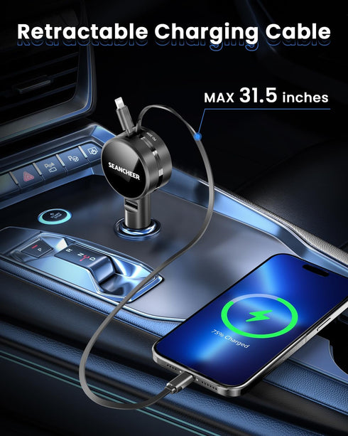 Retractable Car Charger for iPhone and Android Fast Charging, Car Charger with Retractable Cords(2.6Ft), USB-C Ports,Compatible with iphone15/ Pro...