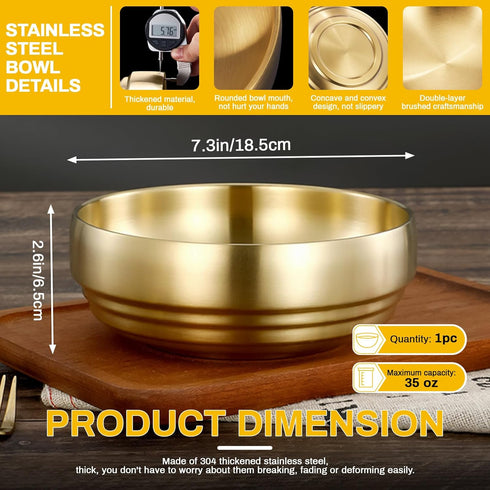 7.3In Gold Large Stainless Steel Soup Bowl, 35OZ Double Walled Sashimi Dish, Unbreakable Serving Bowl Rice Bowls Soup Bowl Salad Bowl Noodle Bowl ...