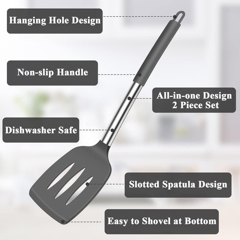 Silicone Cooking Spatula Turner, Heat Resistant Large Silicone Slotted Spatula Solid Spatulas for Nonstick Cookware, BPA Free Black Silicone Kitch...