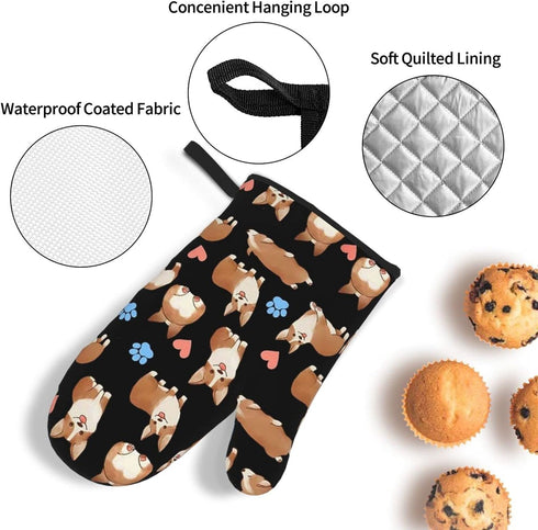 Cute Corgi Dog Heat Resistant Oven Mitts and Pot Holders Sets Non Slip Kitchen Gloves Hot Pads with Inner Cotton Layer for Cooking BBQ Baking Gril...