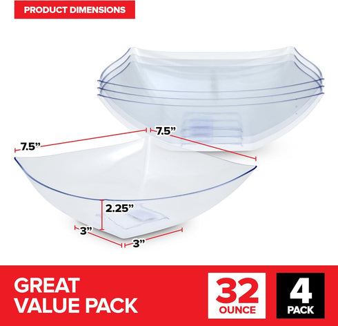 32oz Clear Plastic Serving Bowls (4 Pack) Medium Candy Dishes, Square Plastic Buffet Containers for Chips, Snacks, Mints, Salad Bar, Snack Bowl Pa...