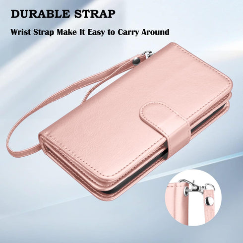 Takfox Galaxy J3 2018 Leather Wallet Case, Flip Folio with 9 Card Holder, Detachable Strap - Rose Gold...