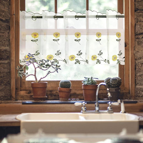 Sheer Embroidery Valance for Window with Daisy - Short Farmhouse Flower Kitchen White Curtain, 17x70inch, 1 Panel, ZHH...
