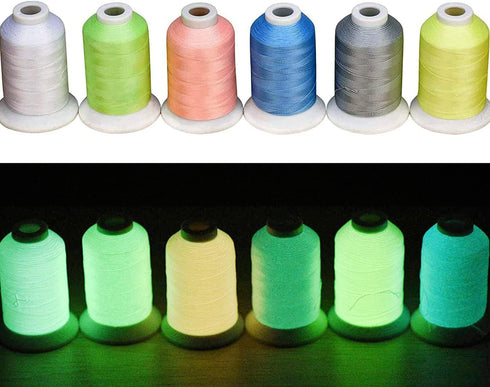 Simthread Glow-in-The-Dark Embroidery Machine Thread, 6 Colors, 1000 Yards, 30WT, 100% Polyester with Long-Lasting Glow - Perfect for Music Festiv...