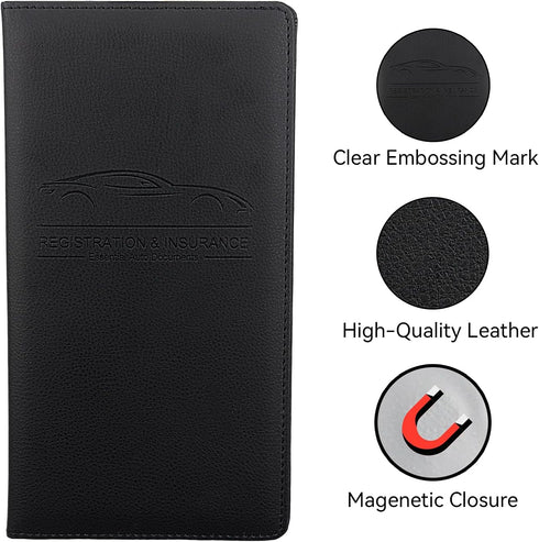 Car Registration and Insurance Holder, Premium Pu Leather Vehicle Glove Box Organizer - for Driver License, Cards & Essential Documents (L-Black)...