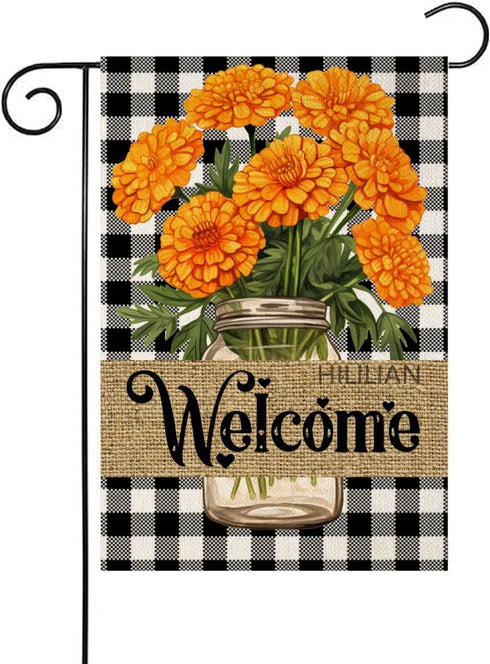 Marigolds Garden Flag for Outside Buffalo Plaid Check Welcome Flags Small 12x18 Inch Double Sided Yard Flag for Spring Summer Winter Home House Ou...