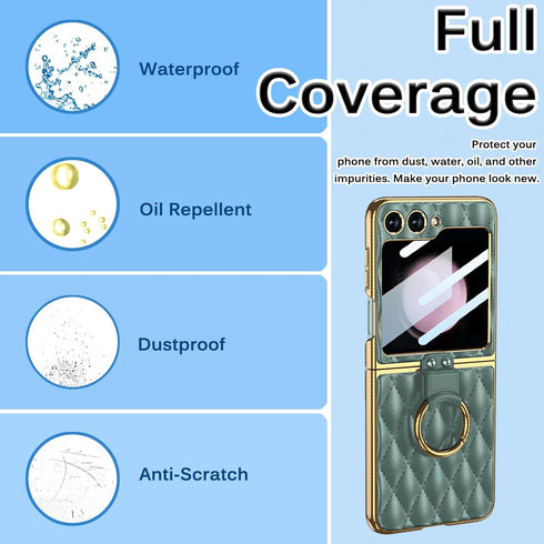 Miimall Leather Case with Metal Ring Holder Stand Compatible with Galaxy Z Flip 5, Built-in Screen Protector, Leather Cover with Electroplating Fr...
