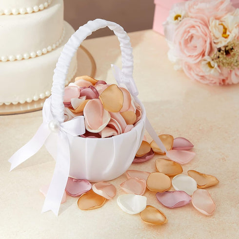 White Flower Girl Basket with Satin Bowknot & Pearl Design 8 x 5.2 x 6 Inch, Flower Petal Basket Ideal for Wedding Party, Elegant Ceremony Accesso...