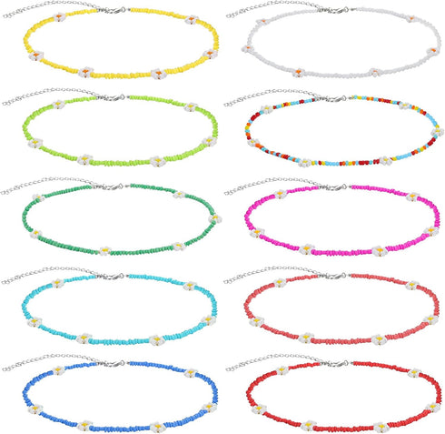 Hicarer 10 Pieces Bohemian Seed Bead Choker Necklaces Colorful Daisy Flower Bead Necklace Glass Beaded Choker Jewelry Gifts Handmade Y2K Necklace ...