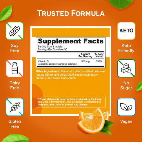 EZ Melts Dissolvable Vitamin C 500 mg, Sugar-Free, 1-Month Supply...
