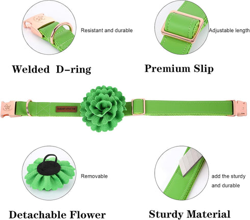 Elegant little tail Green Leather Dog Collar, Girl or Boy Durable Pet Collar, Flower Pattern Bow Tie Dog Collar Adjustable Dog Collars for X-Small...
