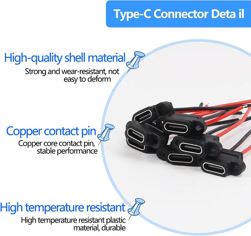 15PCS Type-C Female Chassis Waterproof Connector 2P Solder Wire Type USB C Pigtail Cable Extension Power Cable USB-C Plug to 2 Pin Bare Wire Open ...