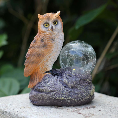 Solar Garden Statue Decor,Owl Standing On The Stone,Beside A Cracked Glass Ball with Warm Light,Polyresin for Patio, Lawn, Yard Art Decoration, Ho...